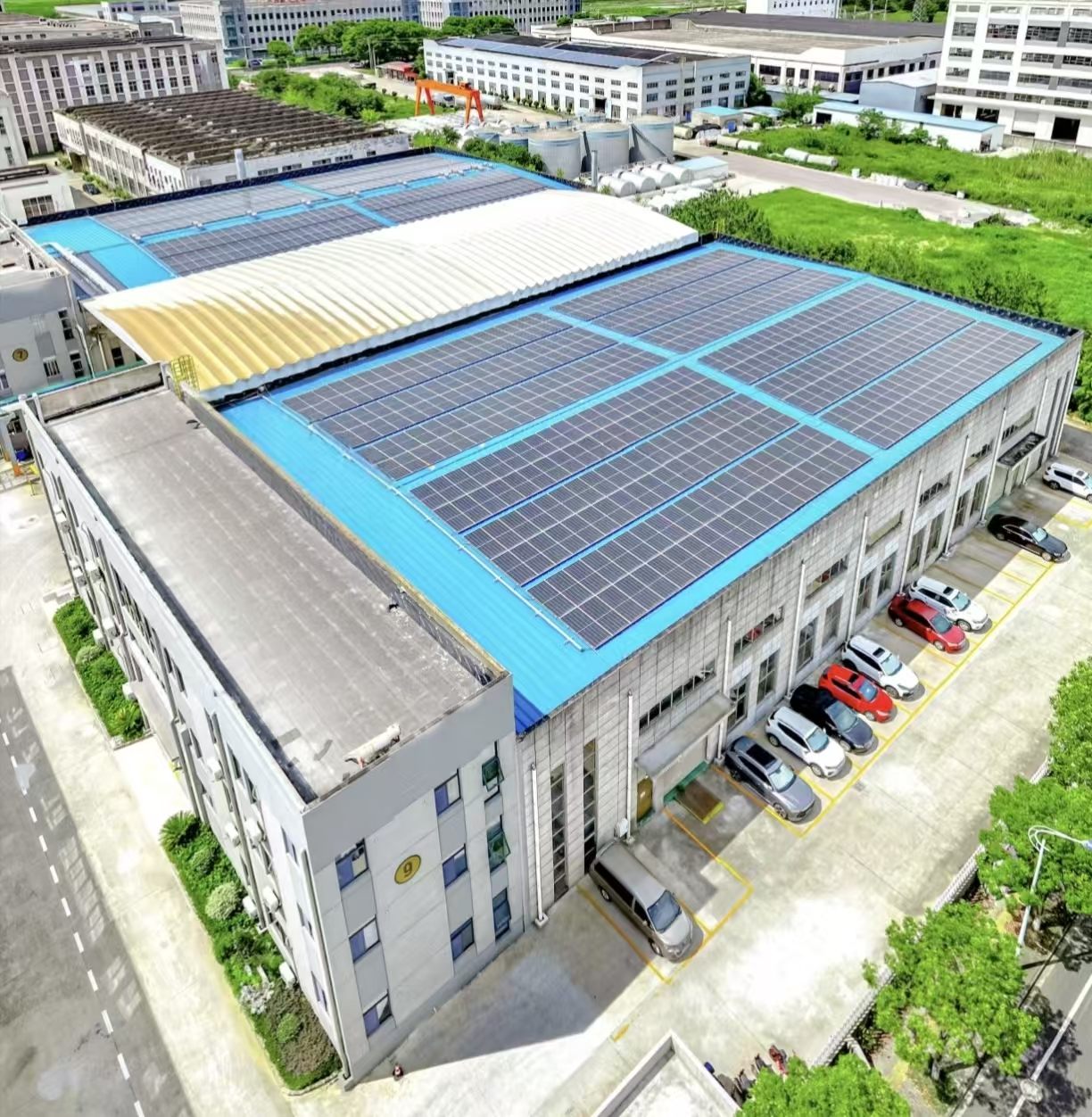 Aerial view of rooftop distributed solar PV